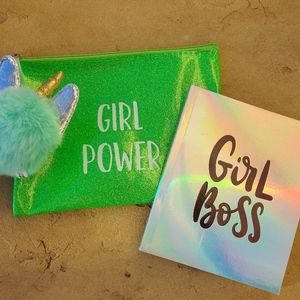 Sparkly Lime Green Girl Boss Unicorn Pom-Pom Journal & Pencil/Makeup Pouch Set